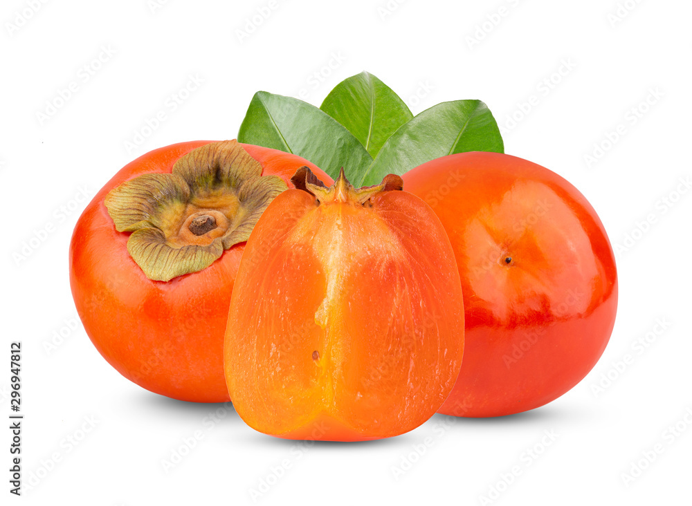 fresh ripe persimmons with leaf isolated on white background. fresh ripe persimmons with leaf isolated on white background.
