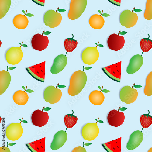  seamless pattern of apples  orange lemon  mangoes watermelon. against a white background.