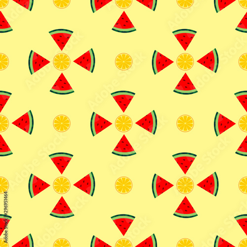  seamless pattern watermelon and orange. wallpaper ornament of fruit motifs, with a orange background.
