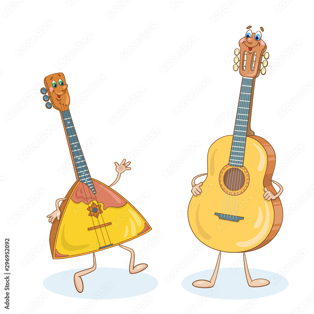 Cheerful balalaika and guitar in cartoon style. Stringed musical ...