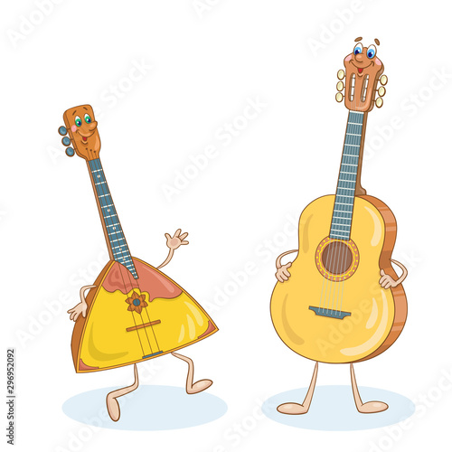 Cheerful balalaika and guitar in cartoon style. Stringed musical instruments.  Isolated on a white background.