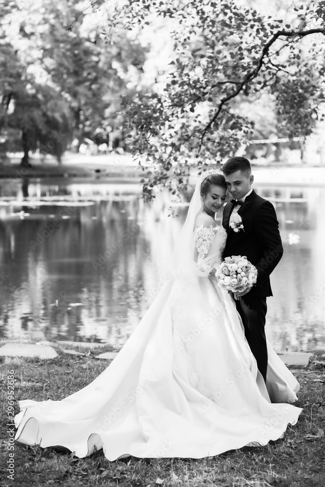 Newlyweds are hugging each other near lake. Beautiful couple in love newlyweds. Beautiful wedding couple of the newlyweds outdoor.  Amazing bride and groom. Bride and groom. Black and white