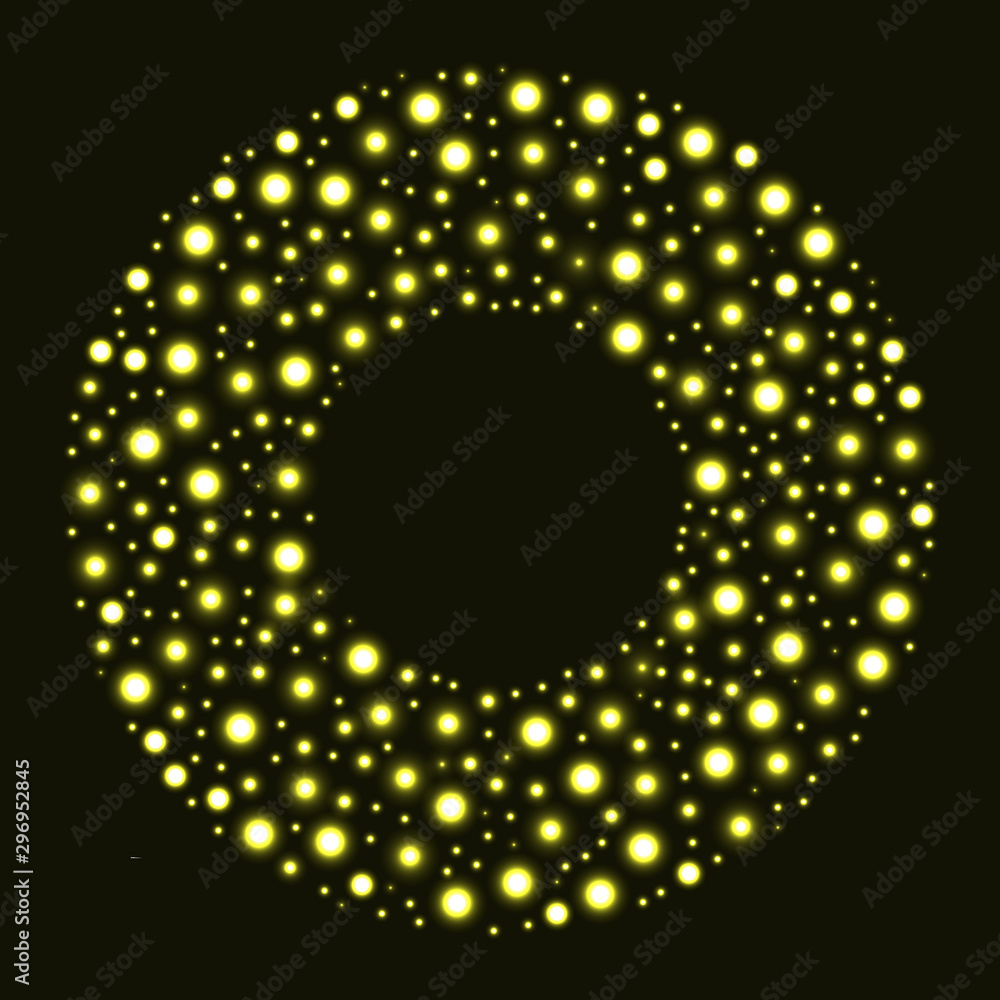Circle with gold glitter particles on black background. Round frame. Vector illustration.