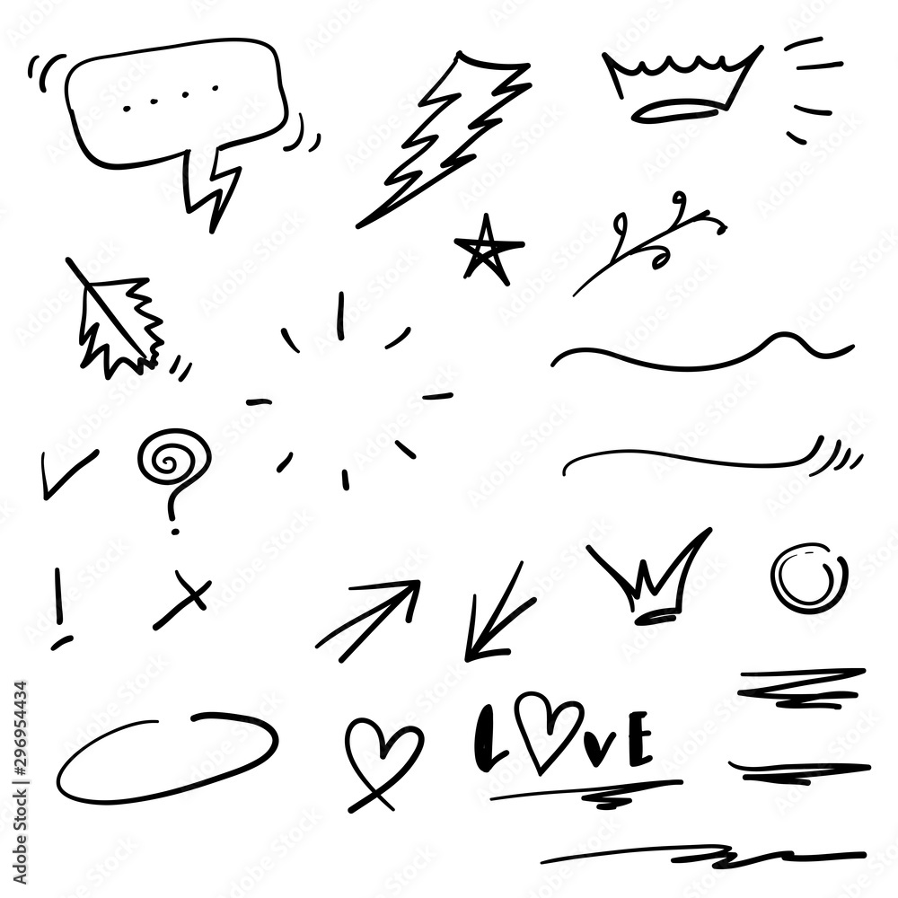 Swishes, swoops, emphasis doodles. Highlight text elements, calligraphy swirl, tail, flower, heart, graffiti crown.doodle handdrawn style Swishes, swoops, emphasis doodles. Highlight text elements, calligraphy swirl, tail, flower, heart, graffiti crown.doodle handdrawn style