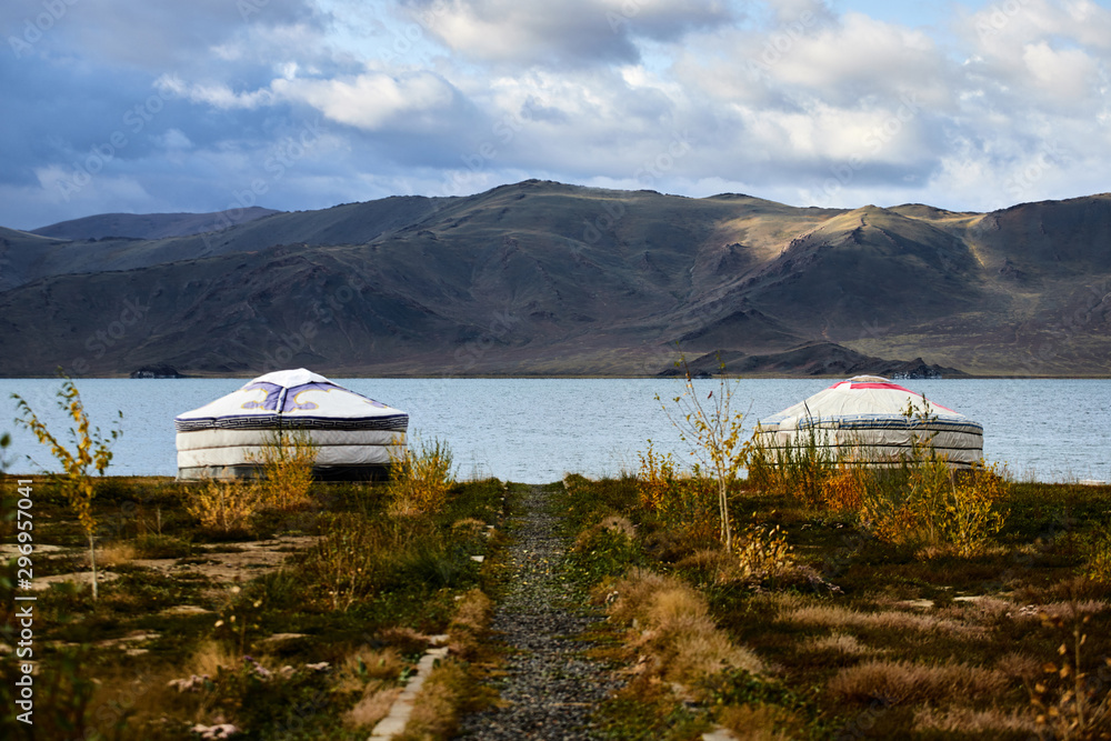 Lake Tolbo Nuur, Mongolia. Mountains and yurts near the lake