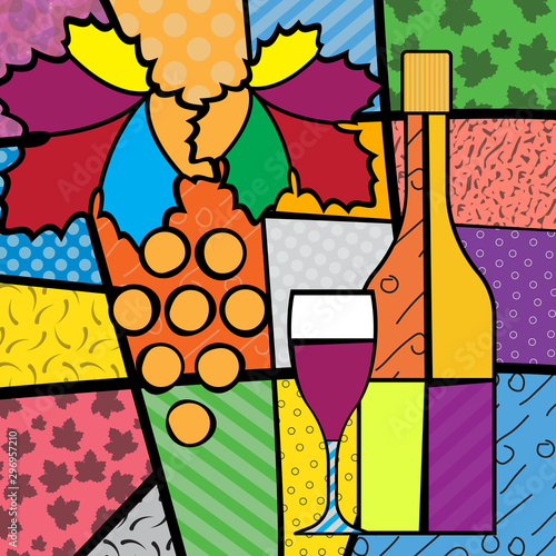 Wine bottle wine glass grape and cheese. Wine festival template. Vector illustration on beige