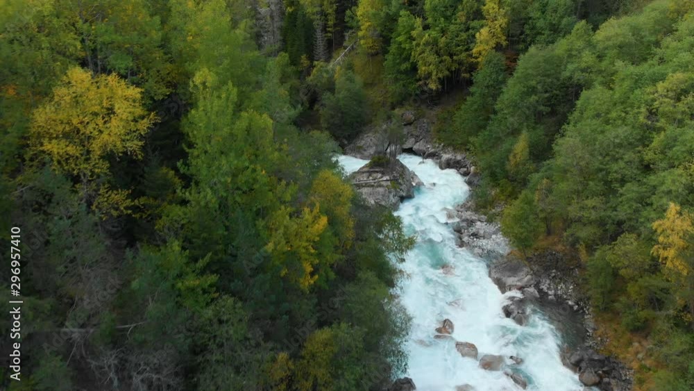 Aerial view of a clean stormy mountain river in the coniferous autumn forest of the Caucasian reserve. Concept of conservation areas top view. Aerial view of a clean stormy mountain river in the coniferous autumn forest of the Caucasian reserve. Concept of conservation areas top view.