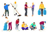 Collection different Volunteers. Young and old people clean in the city Park, plant trees, collect garbage. Vector flat illustration. Volunteering, charity social concept. Ecological lifestyle.