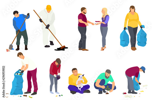 Collection different Volunteers. Young and old people clean in the city Park, plant trees, collect garbage. Vector flat illustration. Volunteering, charity social concept. Ecological lifestyle.