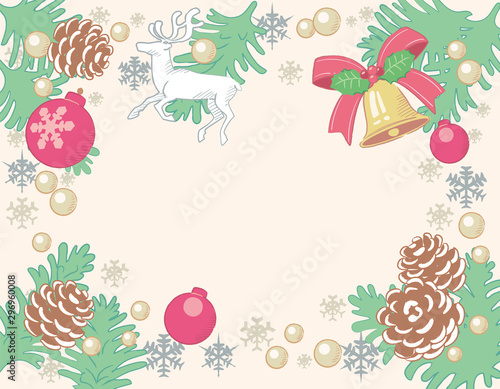 Christmas themed background with pine branches and decorative items. Vector illustration.