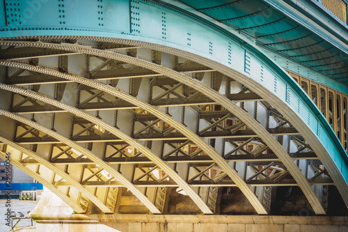 Steel beams on a railway bridge with steel plates and riveted connections. Landscape format. photo