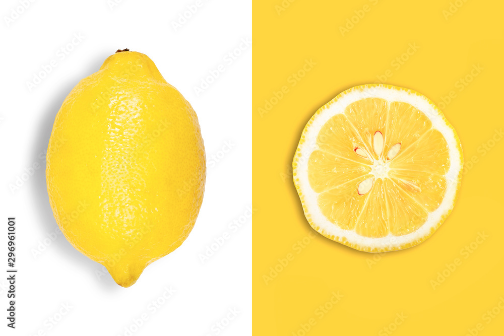 Creative layout made of big lemon and slice. Flat lay. Food concept. - obrazy, fototapety, plakaty 