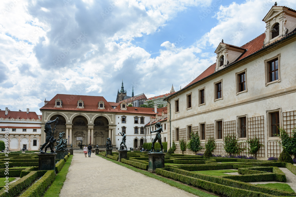 The Wallenstein Palace stands near the Vltava River in the northern part of the Lesser Country. Alleys of the garden are decorated with copies of sculptures of Adrien de Vries on mythological themes.