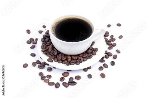 Coffee mugs and coffee beans on a white background