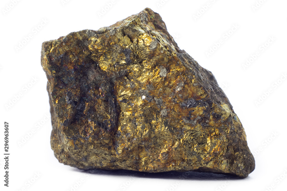 Chalcopyrite mineral from Morocco isolated on a pure white background. Chalcopyrite mineral from Morocco isolated on a pure white background.