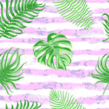 Vector seamless colorful pattern with illustration of tropical leaves on striped background. Can be used for wallpaper, pattern fills, web page, surface textures, textile print, wrapping paper