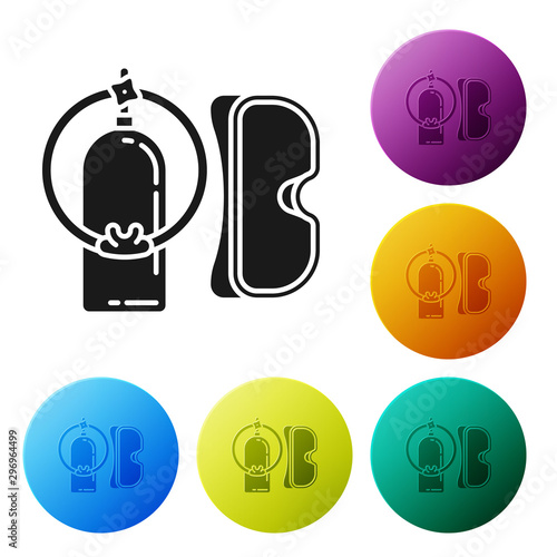 Black Diving mask and aqualung icon isolated on white background. Oxygen tank for diver. Extreme sport. Sport equipment. Set icons colorful circle buttons. Vector Illustration