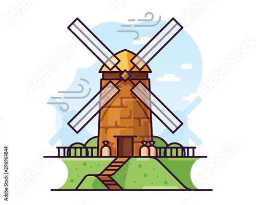 Windmill rural landscape vector illustration
