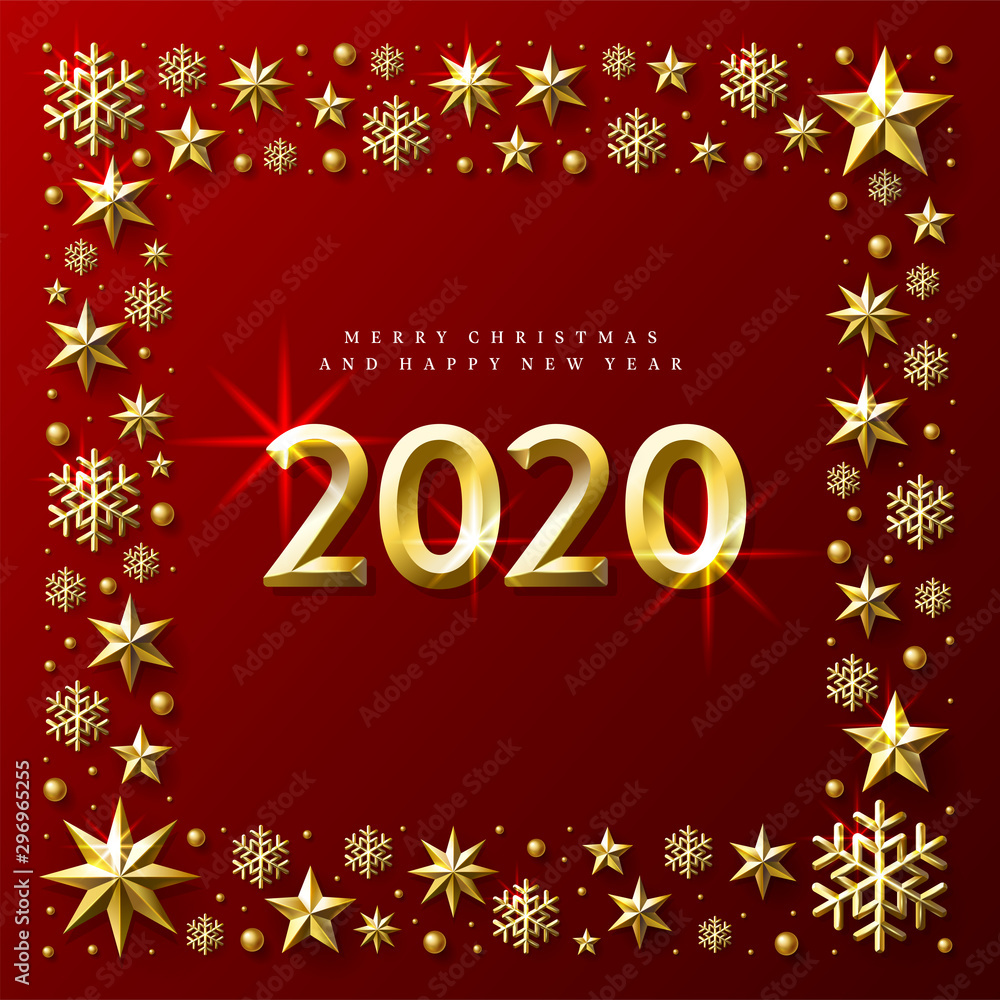 Merry Christmas and Happy New Year 2020. Square Vector Illustration.