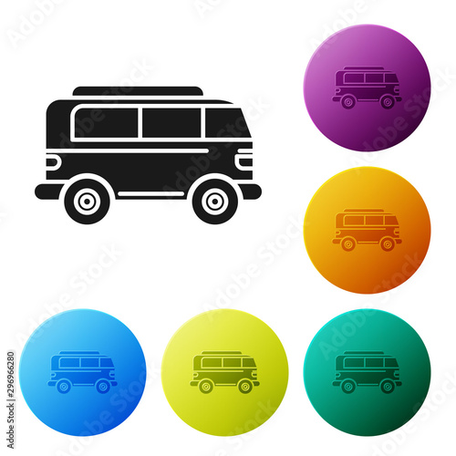 Black Retro minivan icon isolated on white background. Old retro classic traveling van. Set icons colorful circle buttons. Vector Illustration