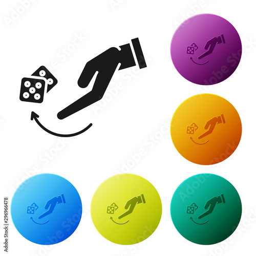 Black Human hand throwing game dice icon isolated on white background. Set icons colorful circle buttons. Vector Illustration