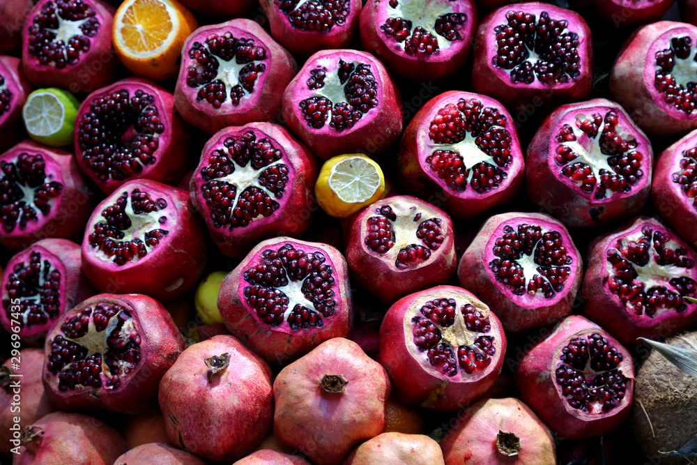 Many pomegranate laying at the local market in Georgia.