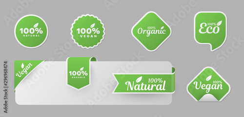 Organic product stickers, labels vector templates set
