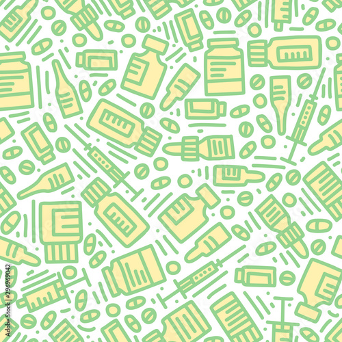 Medical doodle vector seamless pattern. Tablets, capsules, vitamins, syringes, vials
