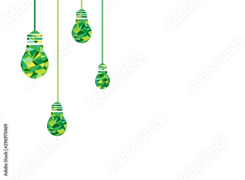 White background with green faceted light bulbs on the left side. Flat icon.
