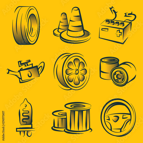 Set vector line icons with open path car service, auto repair and transport with elements for mobile concepts and web apps. Collection modern infographic logo and pictogram.
