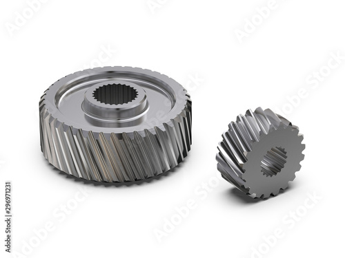 Helical bevel gear. Low-speed gear train. 3D rendering