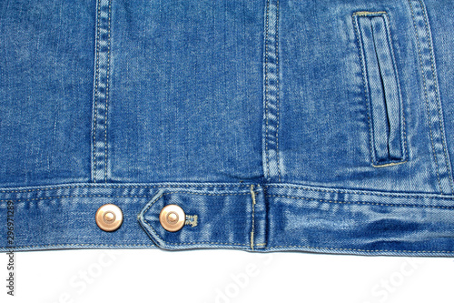 Part of a denim jacket on a white background