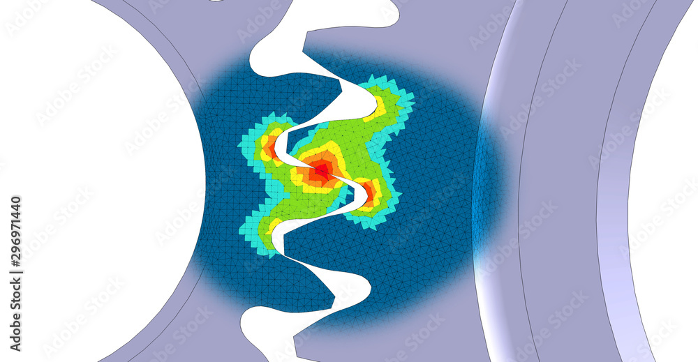 3d Illustration Von Mises Stress Plot And Cad Model Blend Detail View Of Spur Gear Mesh Stock イラスト Adobe Stock