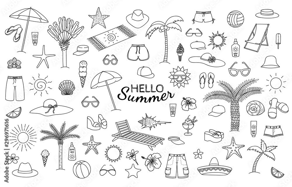 Big collection of summer theme hand drawn doodles. Vector eps10. - obrazy, fototapety, plakaty 