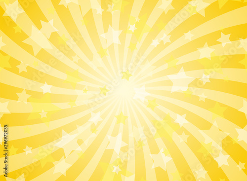 Sunlight spiral horizontal background. Powder yellow color burst background with shining stars.