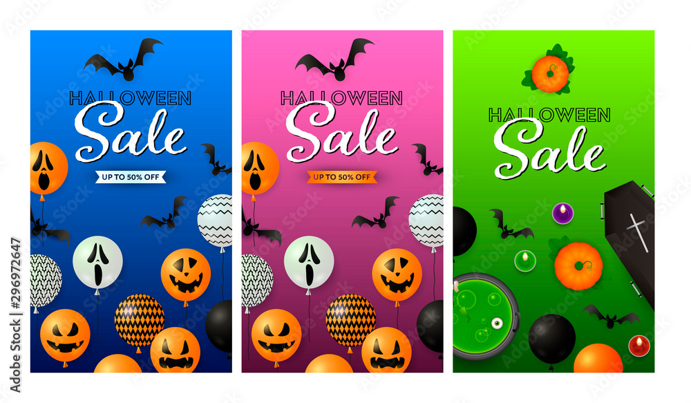 Fototapeta Halloween sale blue, pink, green banner set