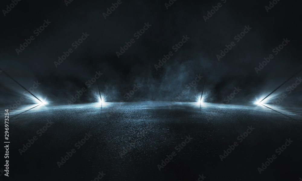 Empty background scene. Dark street reflection on the wet pavement. Rays neon light in the dark, neon figures, smoke. Night view of the street, the city. Abstract dark background. Abstract spotlight.