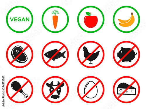 say no to beaf meat steak, fish, pork, poultry meat, egg, animal origin food. red prohibition signs flat vector icons. raw, vegan, vegetarian eco bio healthy food. refusing to eat animals
