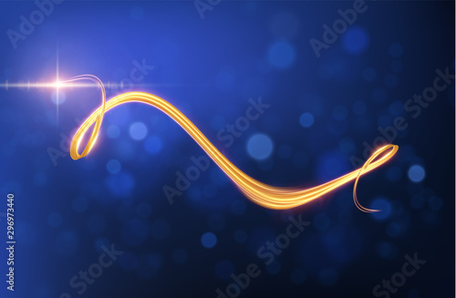 Golden ribbon with light trail effect and energy lines vector background.