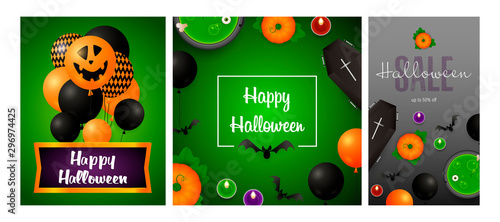 Happy Halloween gray, green banner collection with balloons