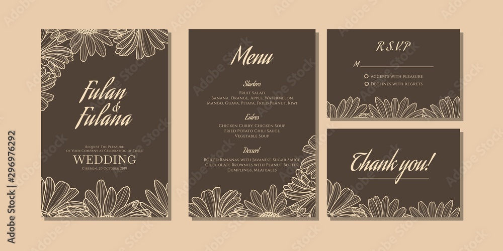 set wedding invitation card with hand drawn doodle floral daisy flower outline monochrome style vintage retro traditional background template cover mock up beauty elegant vector illustration set wedding invitation card with hand drawn doodle floral daisy flower outline monochrome style vintage retro traditional background template cover mock up beauty elegant vector illustration