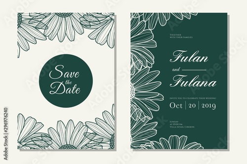 set wedding invitation card with hand drawn doodle floral daisy flower outline monochrome style vintage retro traditional background template cover mock up beauty elegant vector illustration