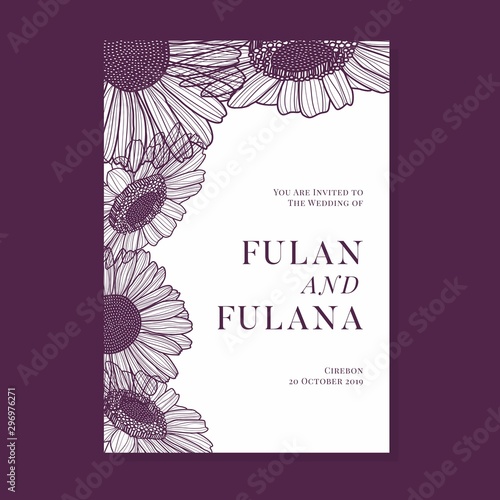 set wedding invitation card with hand drawn doodle floral daisy flower outline monochrome style vintage retro traditional background template cover mock up beauty elegant vector illustration