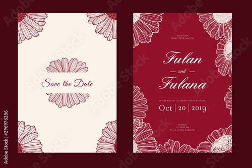 set wedding invitation card with hand drawn doodle floral daisy flower outline monochrome style vintage retro traditional background template cover mock up beauty elegant vector illustration