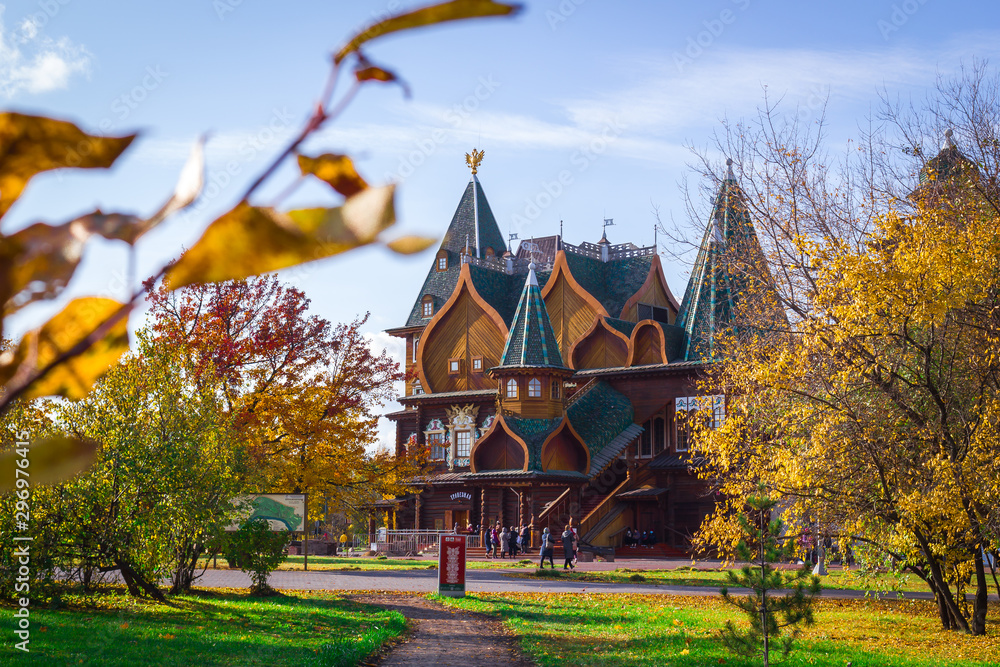 Wooden Palace of the Russian Tsar Alexei Mikhailovich Romanov in the autumn Sunny day in the Park of the Museum reserve Kolomenskoye