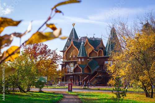 Wooden Palace of the Russian Tsar Alexei Mikhailovich Romanov in the autumn Sunny day in the Park of the Museum reserve Kolomenskoye