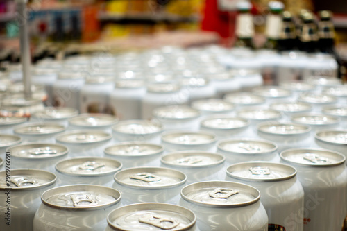 Top view. aluminum cans in the market Cover alumiunum cans. Aluminum cans.