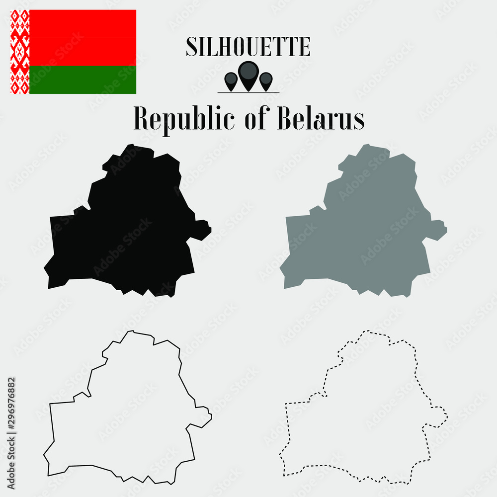 Belarus outline world map, solid, dash line contour silhouette, national flag vector illustration design, isolated on background, objects, element, symbol from countries set