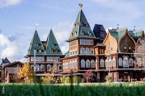Wooden Palace of the Russian Tsar Alexei Mikhailovich Romanov in the autumn Sunny day in the Park of the Museum reserve Kolomenskoye