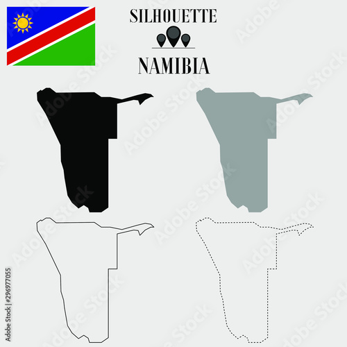 Namibia outline world map, solid, dash line contour silhouette, national flag vector illustration design, isolated on background, objects, element, symbol from countries set